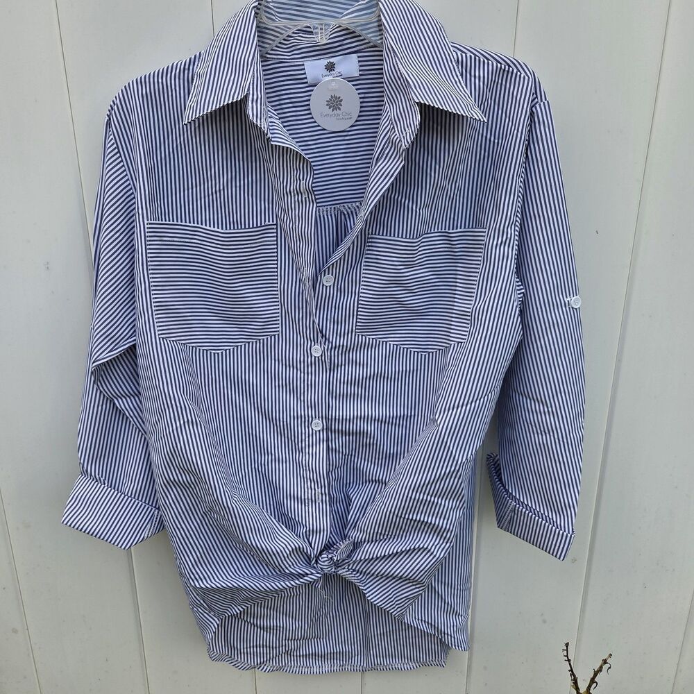Everyday Chic Boutique Not Your Boyfriend's Button Up Blue Striped Blouse Size S